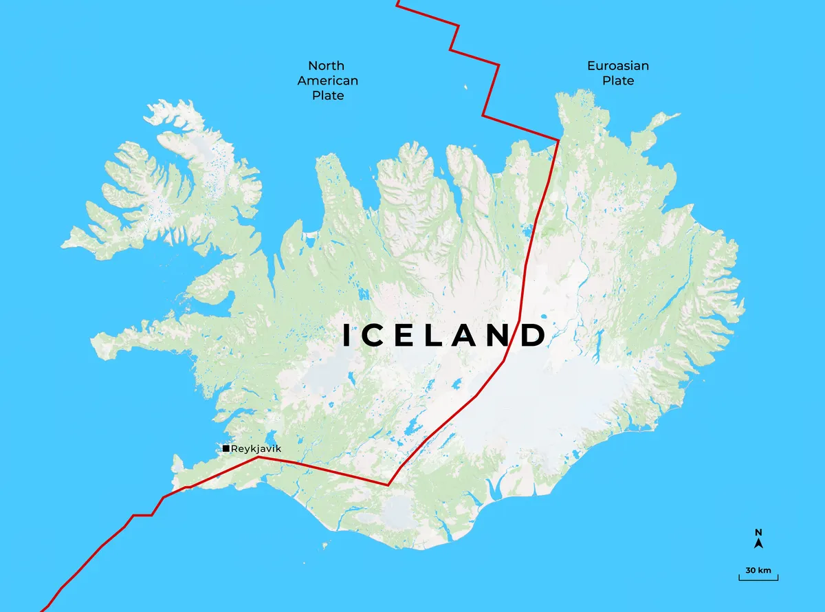 Mapa de Islandia con l&iacute;mites de placas tect&oacute;nicas que muestran las placas norteamericana y euroasi&aacute;tica.